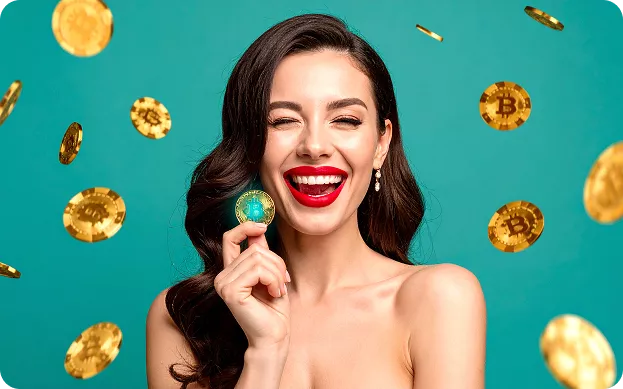 Pin-up Gülən qadın və Bitcoin sikkəsi